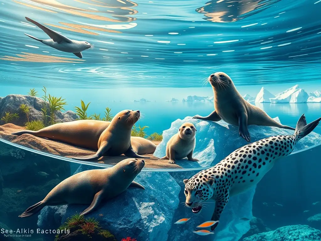 Tableau submarino fotorrealista de focas diversas