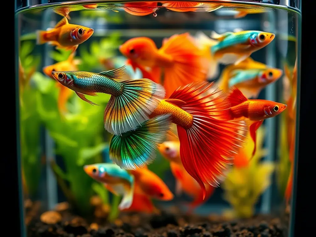 Foto realista de guppies en acuario con decoración científica