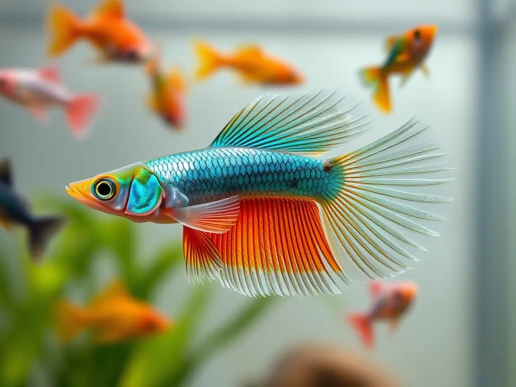 Foto realista de 10 variedades de guppy en un acuario