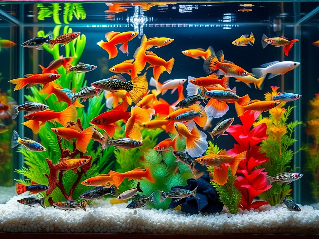 Fotorealistic cover de un acuario de guppys con 10 variedades