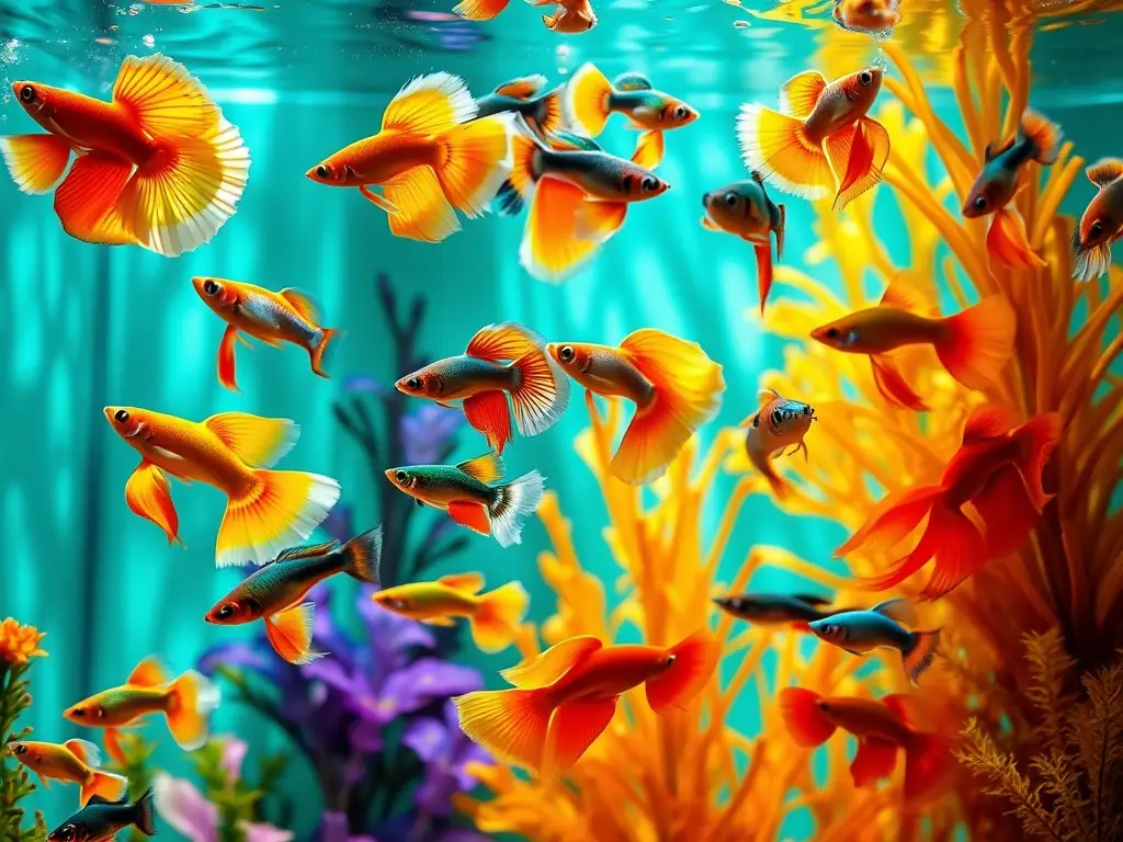 Foto realistic de un acuario con guppies vibrantes y detalles precisos