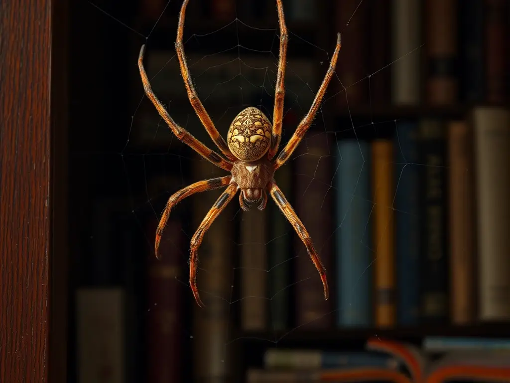 Un spider web realista y de alta resolución en un estante de madera