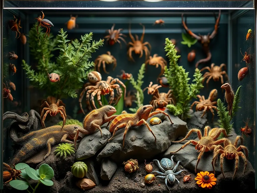 Fotorealista, guía detallada de un terrario con tarántulas y invertebrados