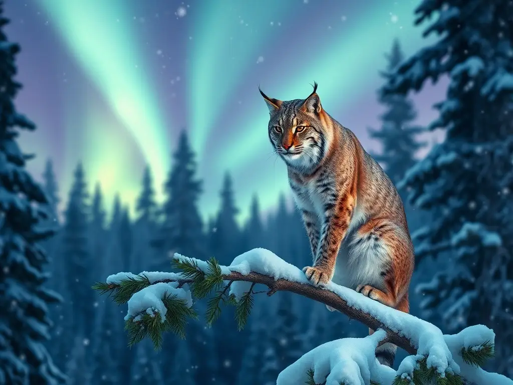 Lince canadiense majestuoso sobre rama nevada