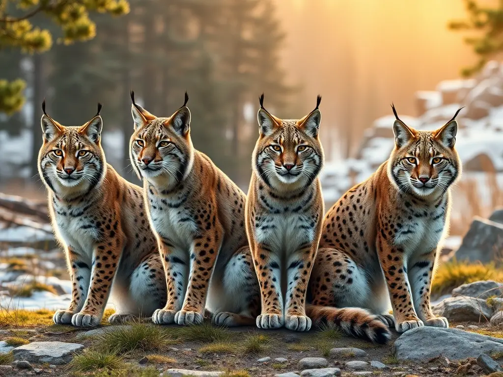 Cuatro linces majestuosos en bosque iluminado