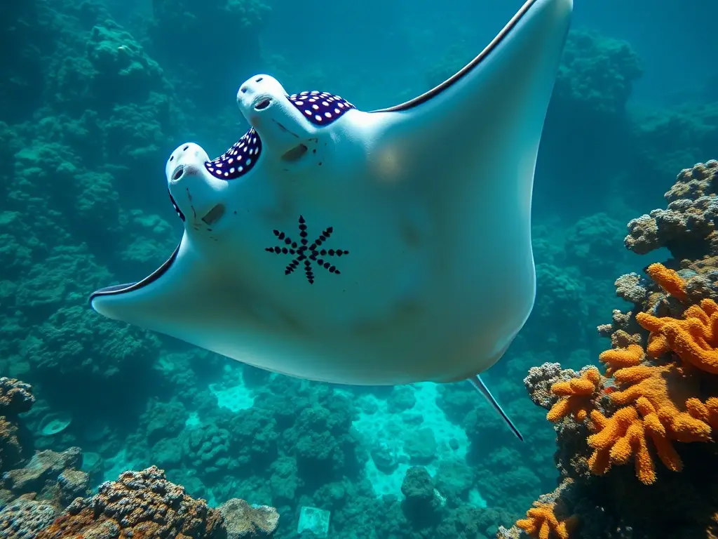 Un retrato detallado en 8K de Manta, mantarraya, en un ecosistema coraliano