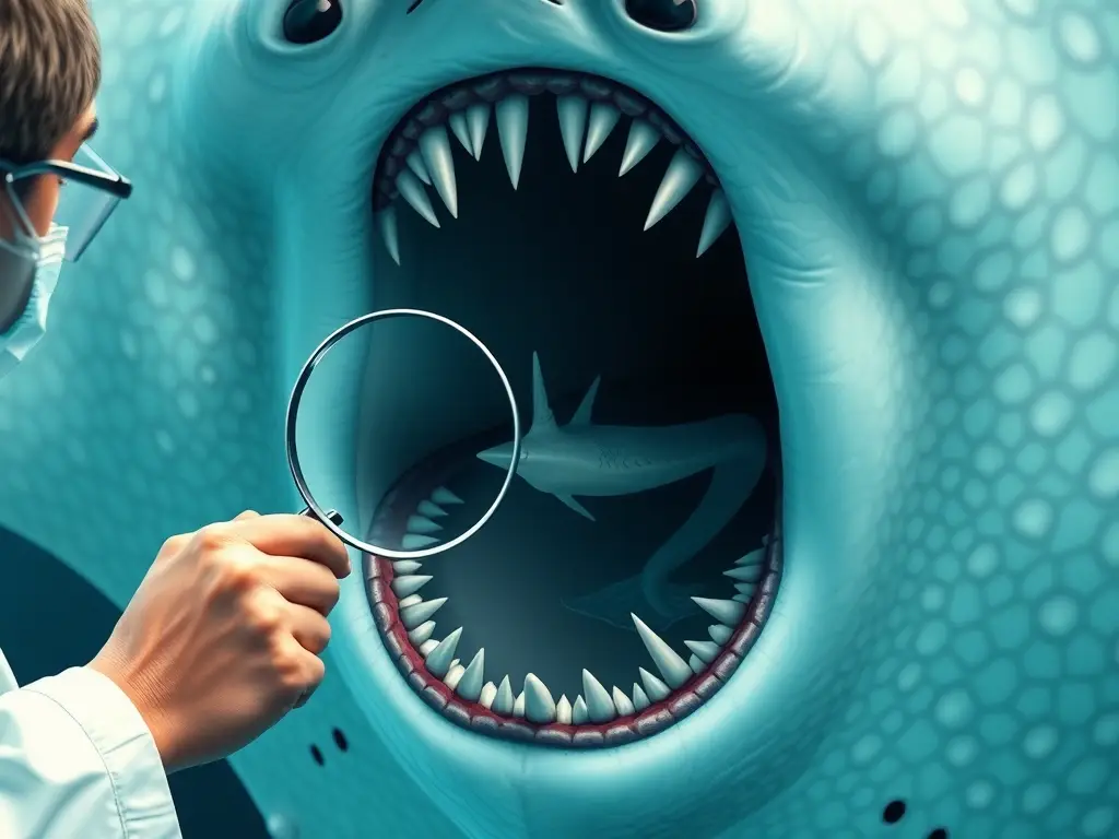 Es una ilustración realista de un científico examinando la boca de una manta gigante