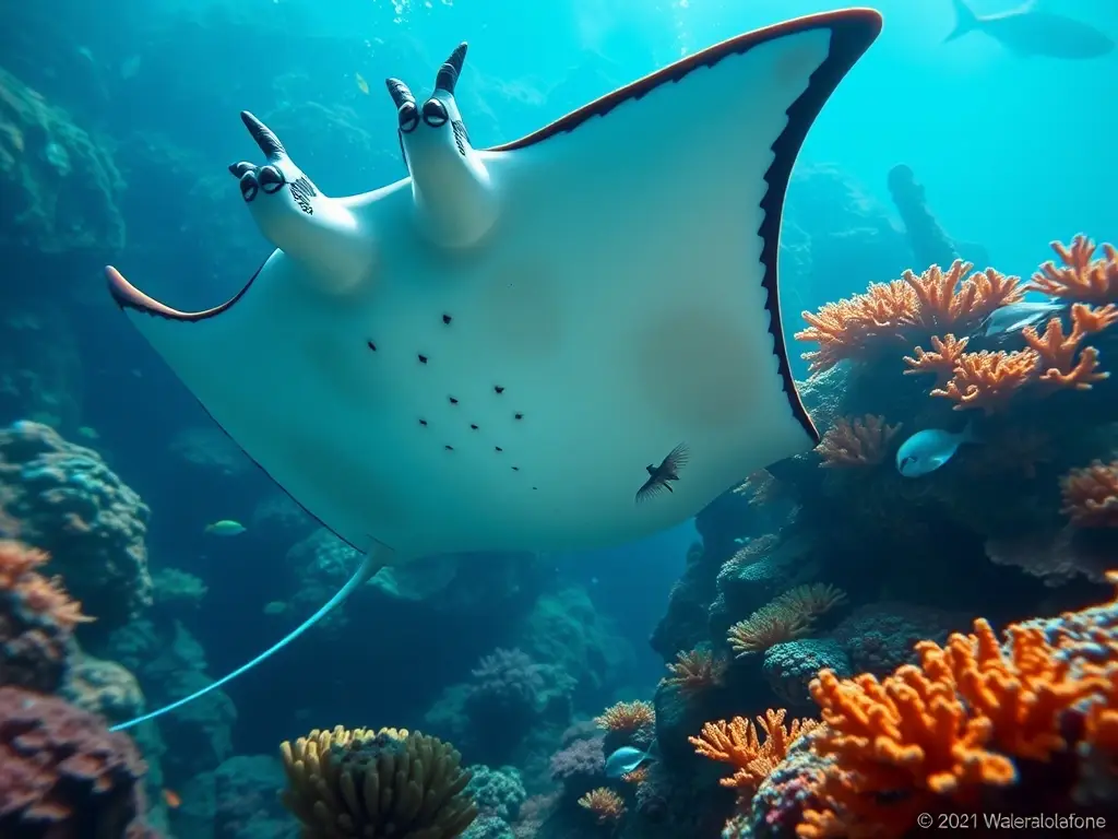 Fotorealista, manta raya en coral con detalles impresionantes