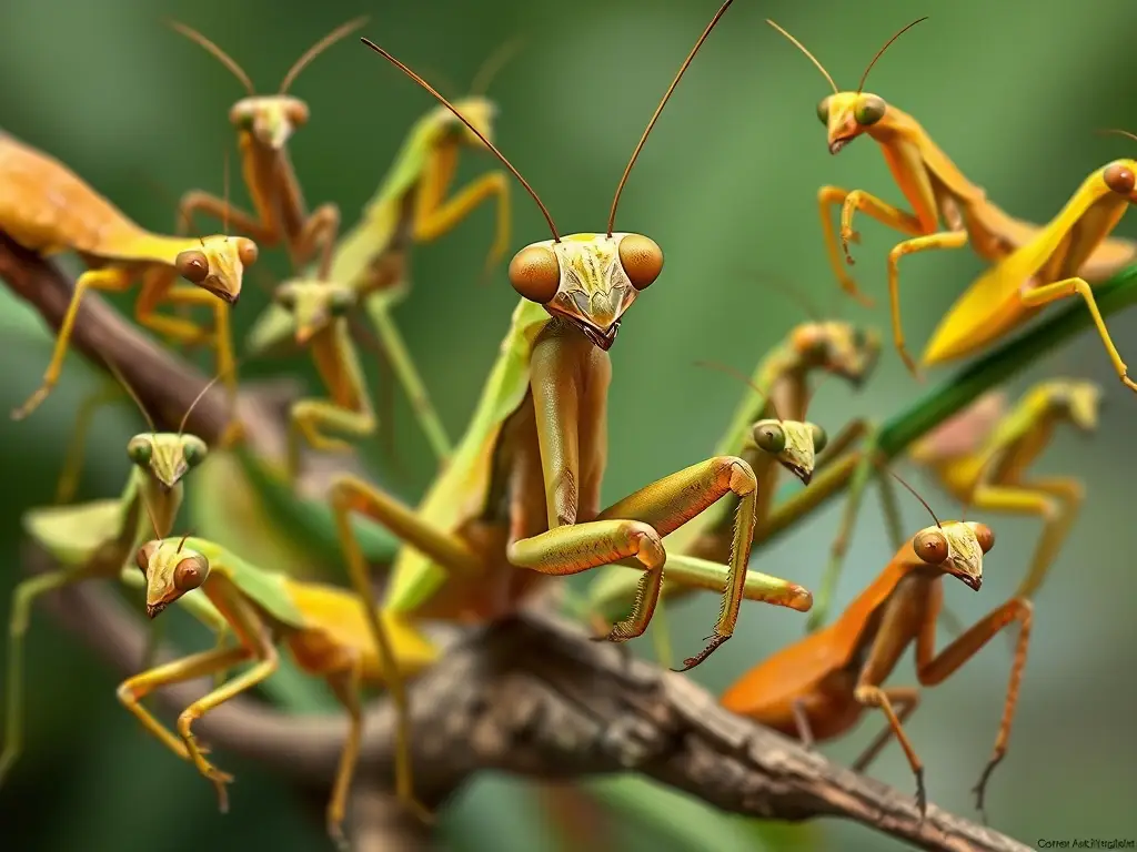 Collage realista de 15 mantis religiosa en 8K