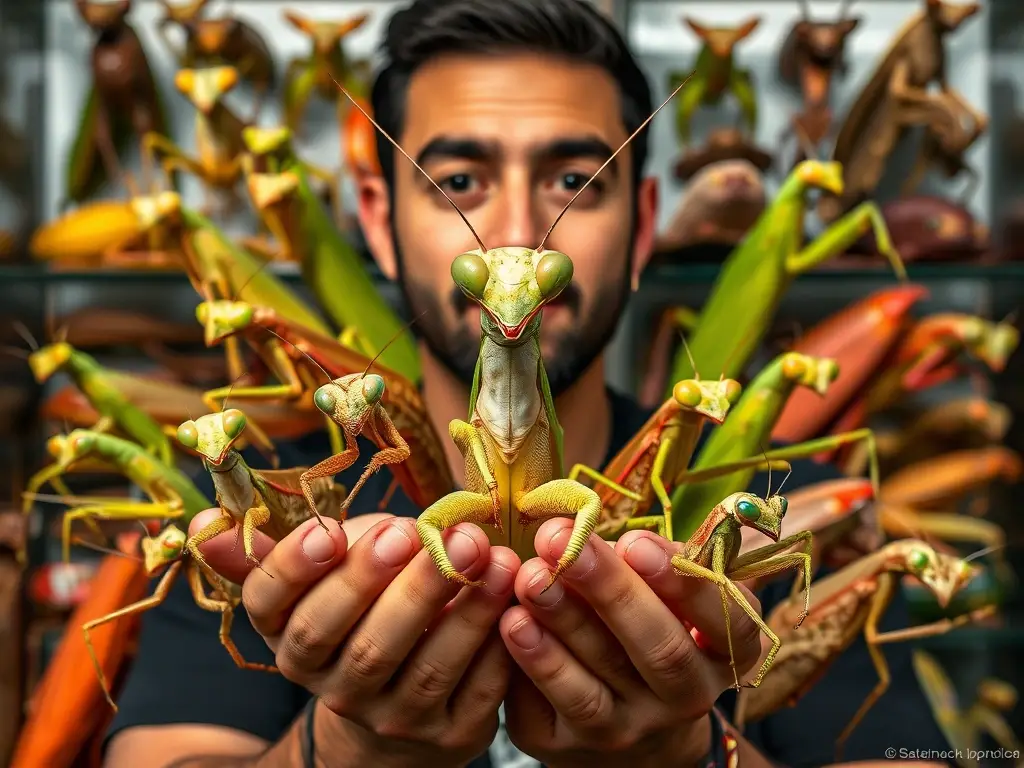 Fotografía realista de un hombre con mantis religiosas