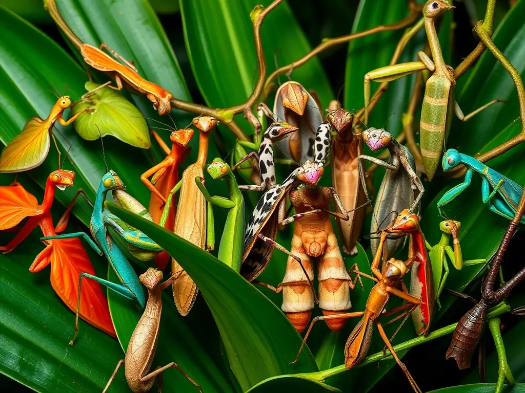 Macro foto de 15 mantis en hojas