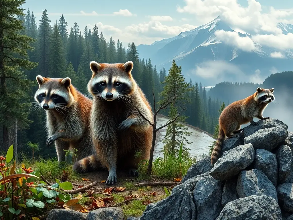 Tres mapaches en sus hábitats muestran amenazas