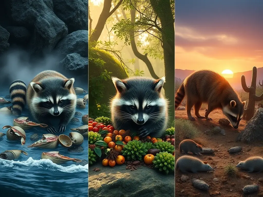Tres mapaches realistas alimentándose en sus hábitats