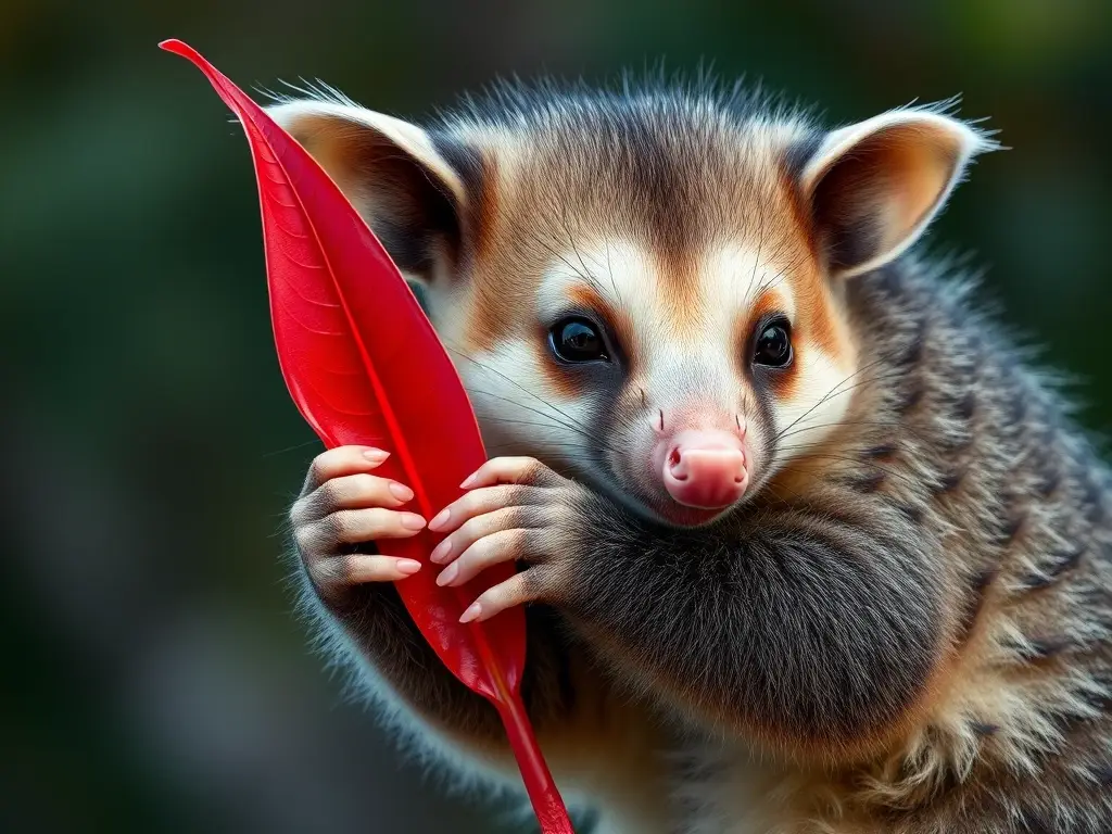 Foto realista de un opossum australiano abrazando una hoja roja