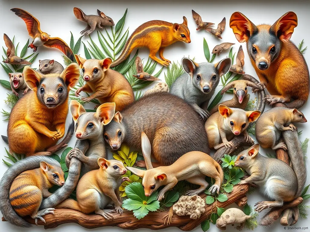 Fotorealistic retrato de marsupiales coloridos en hábitats naturales