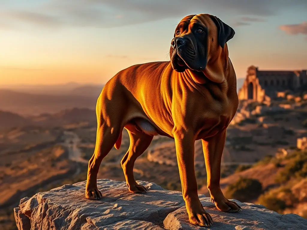Mastín español majestuoso en acantilado al atardecer