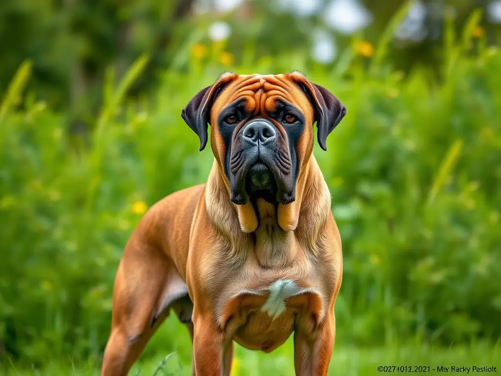 Foto realista del perro English Mastiff, majestuoso, en un jardín verde