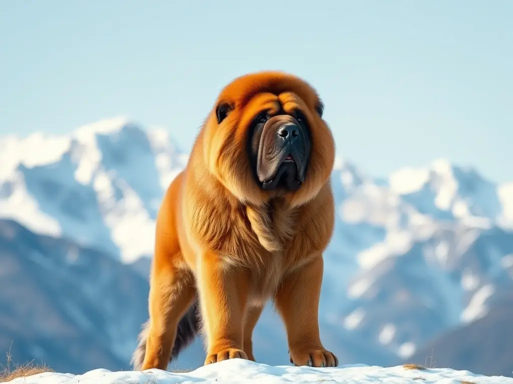 Fotografía realista de un tibetano majestuoso con vista a los picos nevados