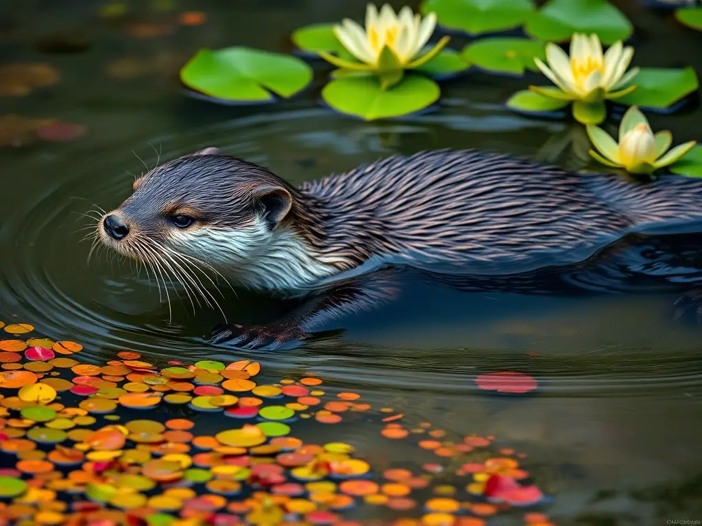 Fotografía realista de un lutra adulta nadando en un río con agua verde y lirios