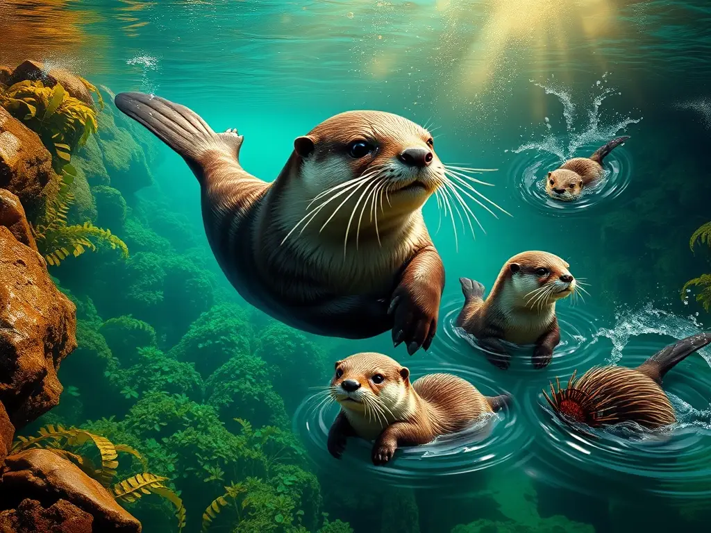 Otteros majestuosos nadan en aguas cristalinas