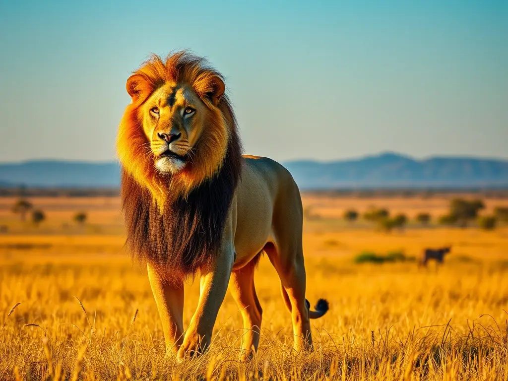 León majestuoso en la sabana al atardecer