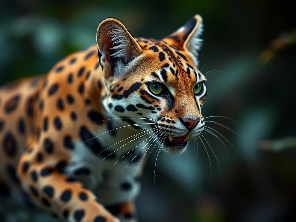 Photorealistic ocelot in rainforest, perfect anatomy