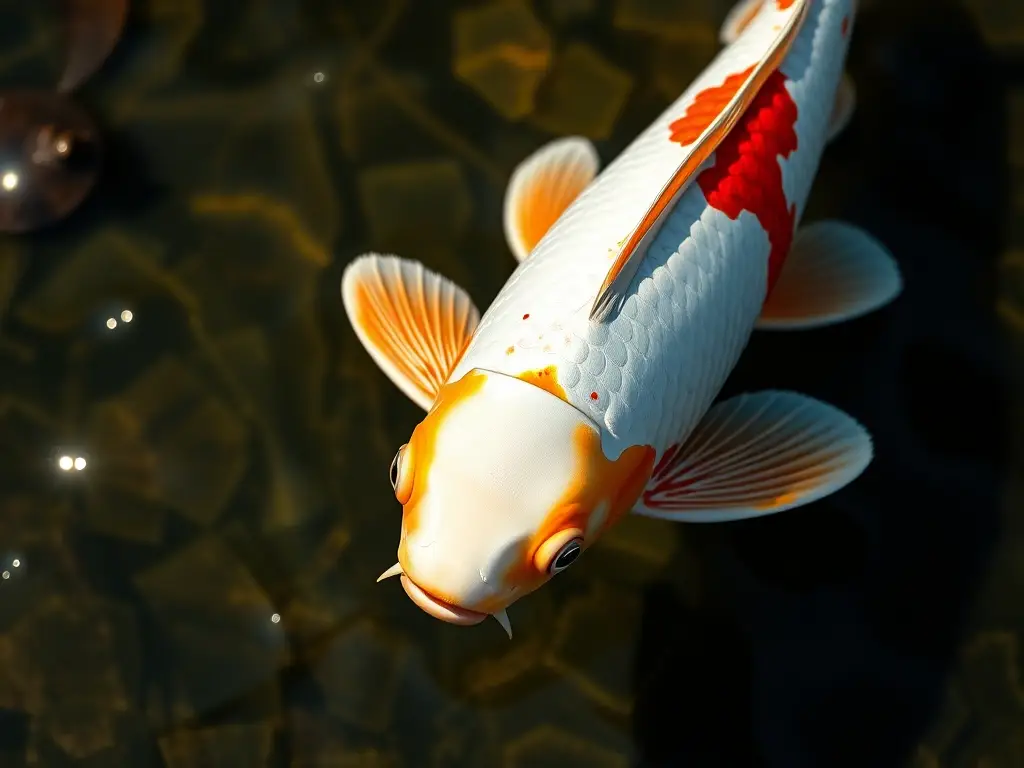 Imagen realista de un pez Koi Kohaku en un estanque