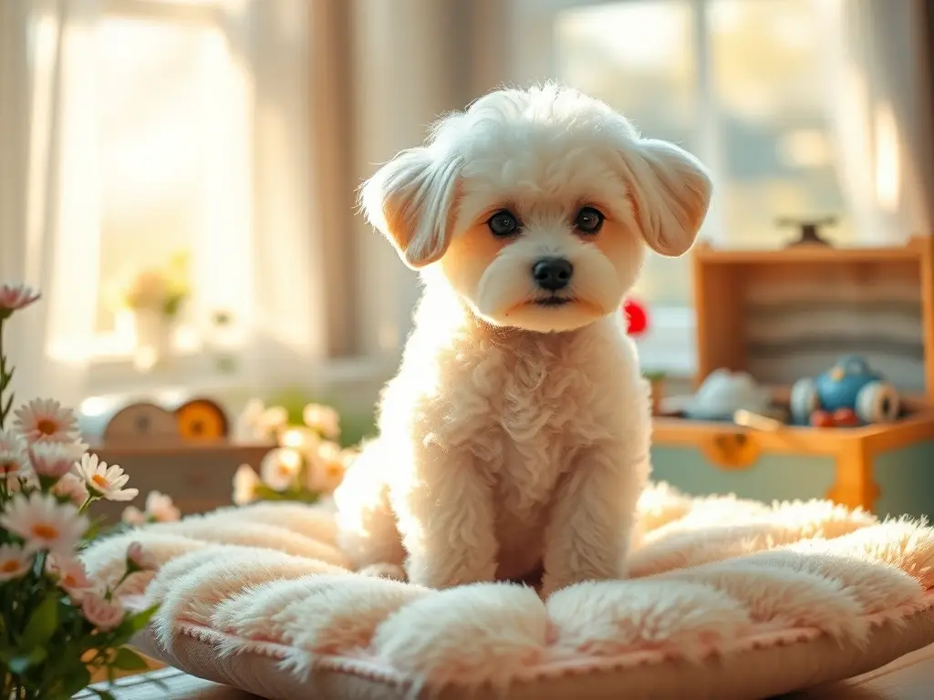 Un adorable caniche toy en cojín pastel