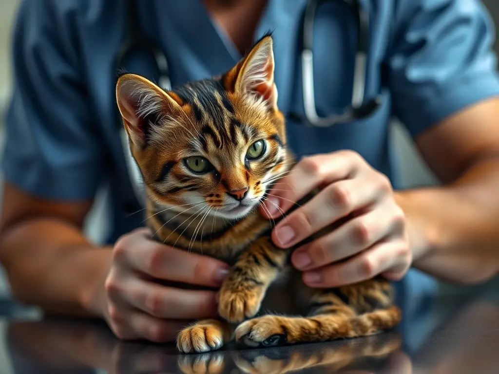 retrato fotorealista de un veterinario examinando a un gato barbudo