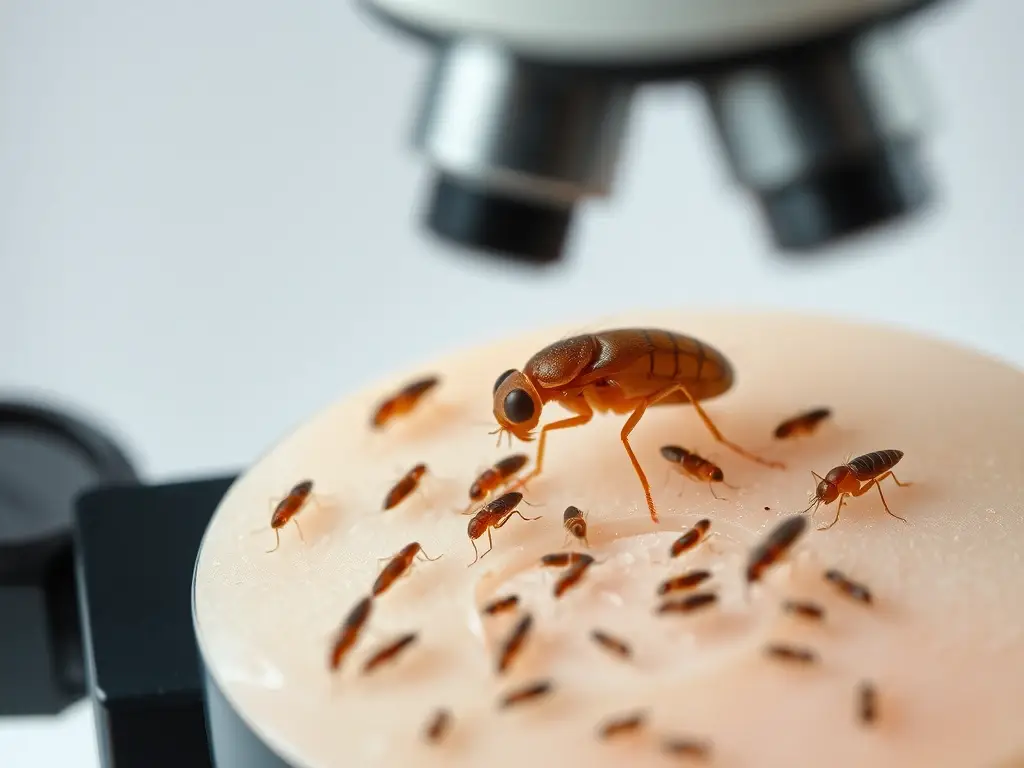 Es una obra maestra de fotografía realística a 8k con enfoque nítido, mostrando un laboratorio microscópico de diversos tipos de pulgas