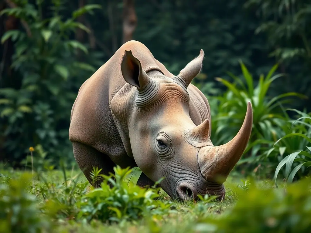 Imagen realista de cabeza de rinoceronte sumatrán pastando en la jungla