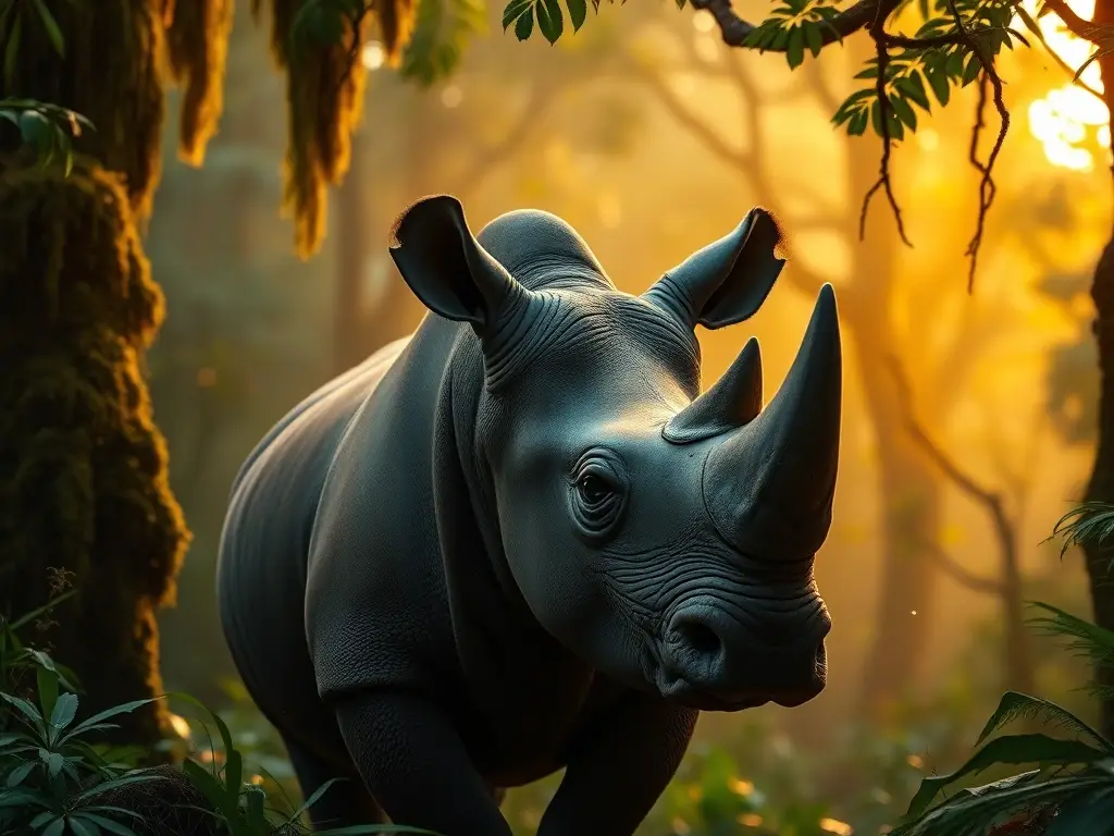 Rinoceronte javanés en selva brumosa al amanecer