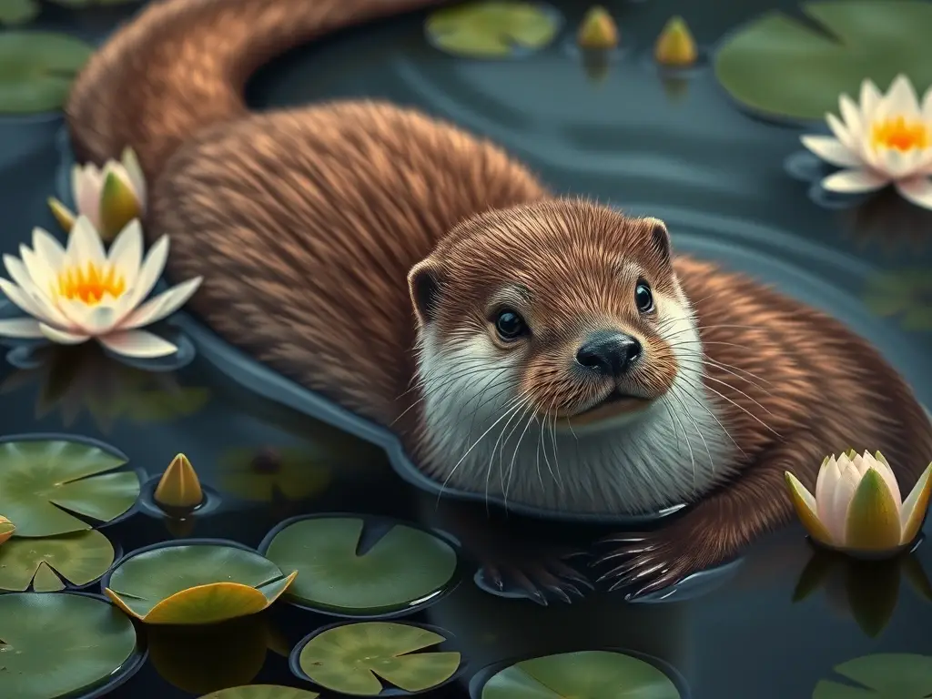 Imagen realista de un ottero europeo en un estanque con flores acuáticas