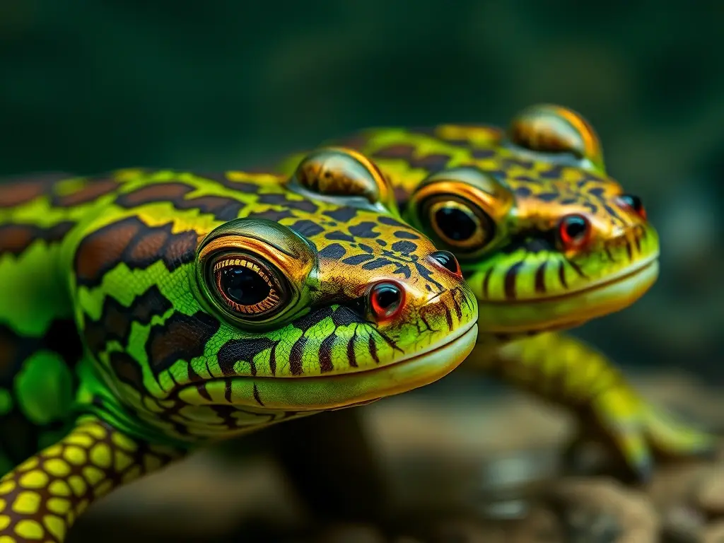 Fotografía realista de un par de Sapos Stejnegeri con bioluminescencia y aroma a cilantro