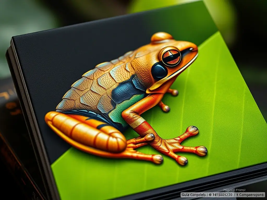 Es una obra de arte realista de un libro sobre ranitas toxinas y detalles