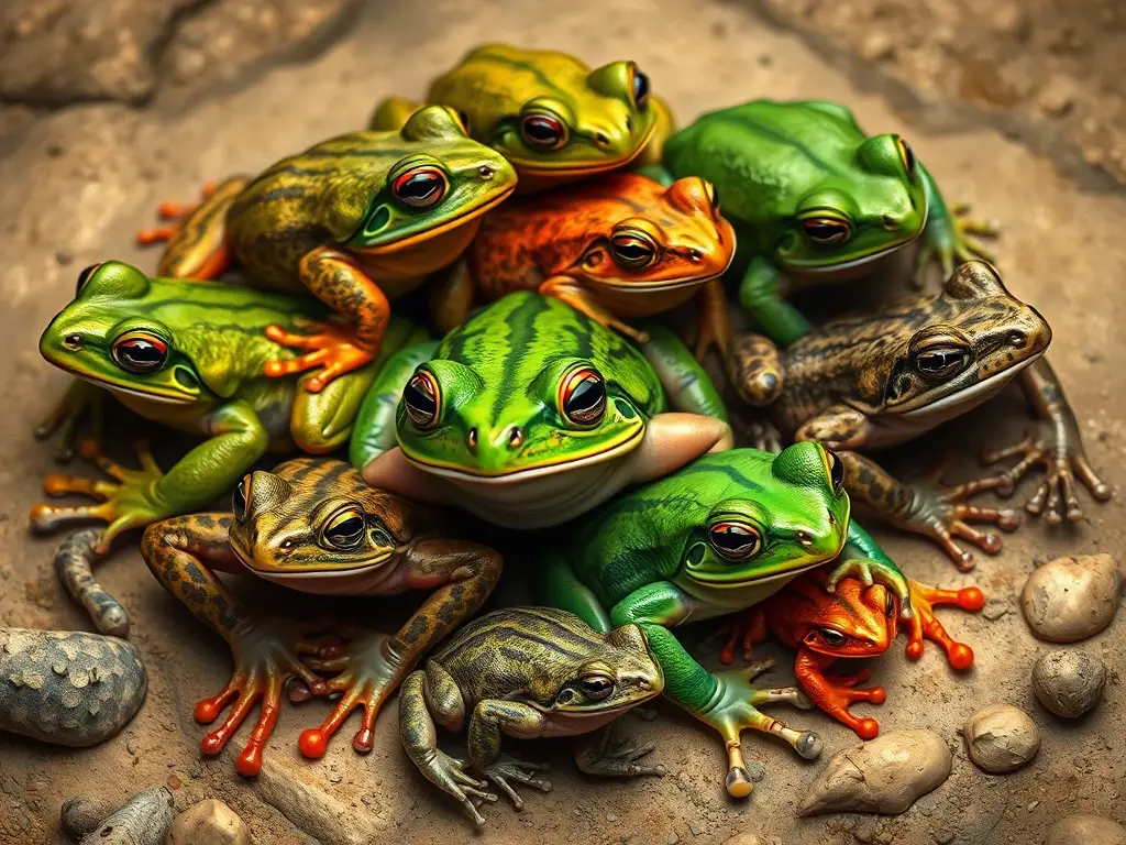 Ilustración de frogs y toads realistas y detallados, adaptados a sus entornos