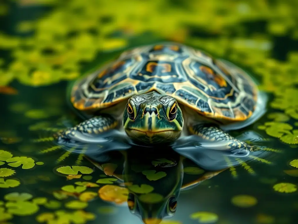 Fotografía realista de tortuga semiaquática emergiendo del agua