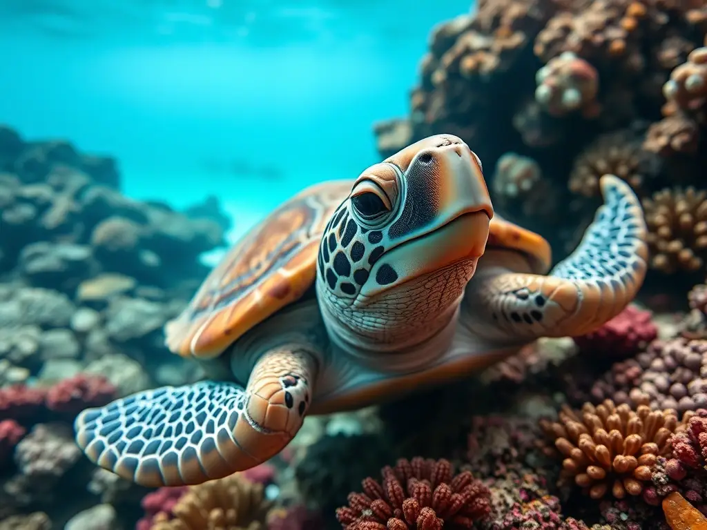Fotorealistic photo of a semiaquatic turtle in a Caribbean coral reef