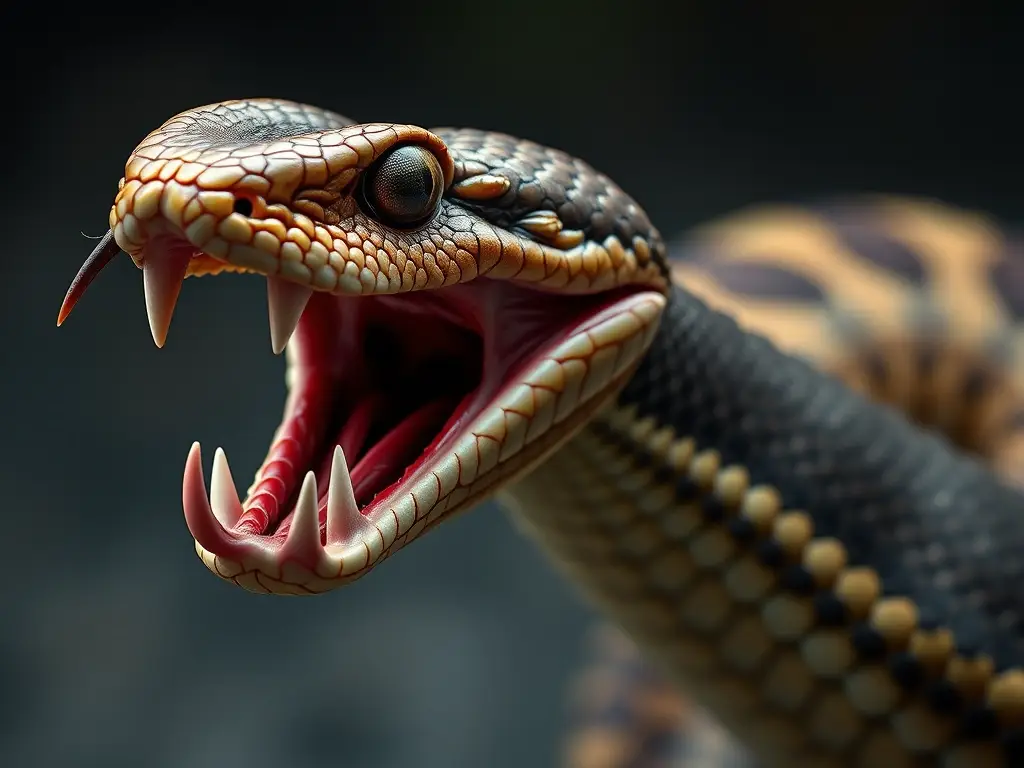 Ilustración detallada y realista de una víbora venenosa sudamericana en exposición de sus garras