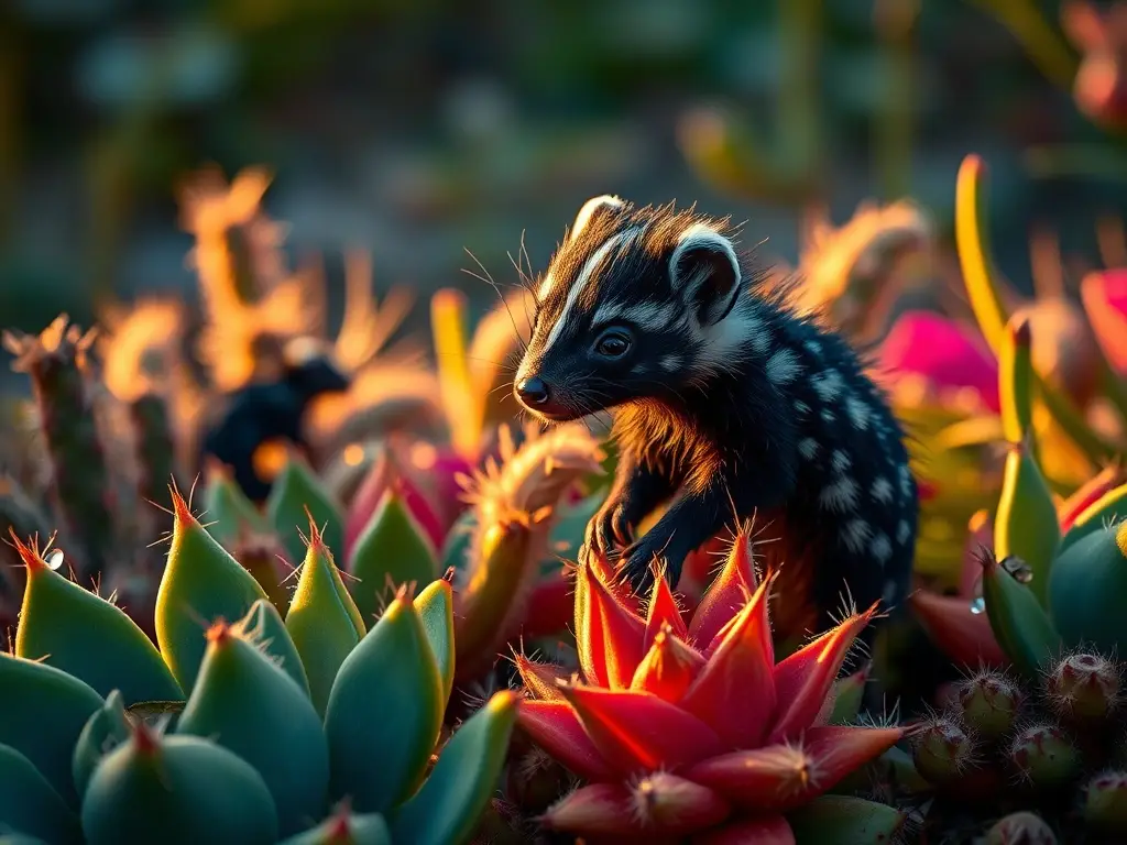 Mofeta pigmea luminosa sobre flora mexicana