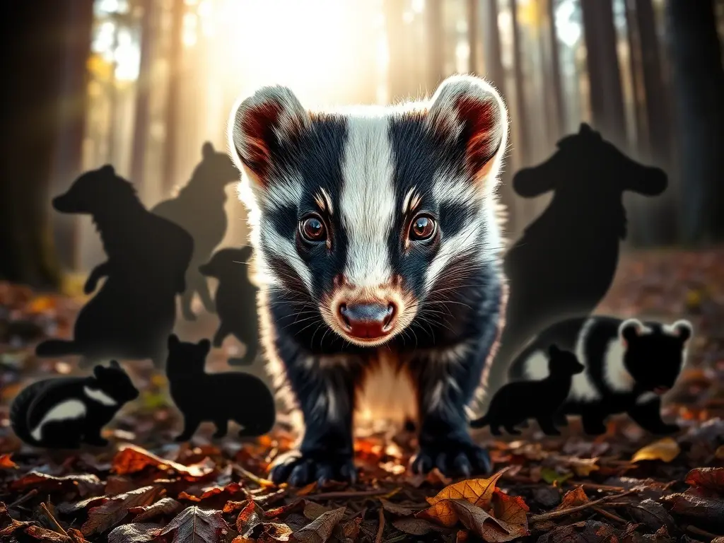 Mofeta rayada en primer plano, siluetas forestales