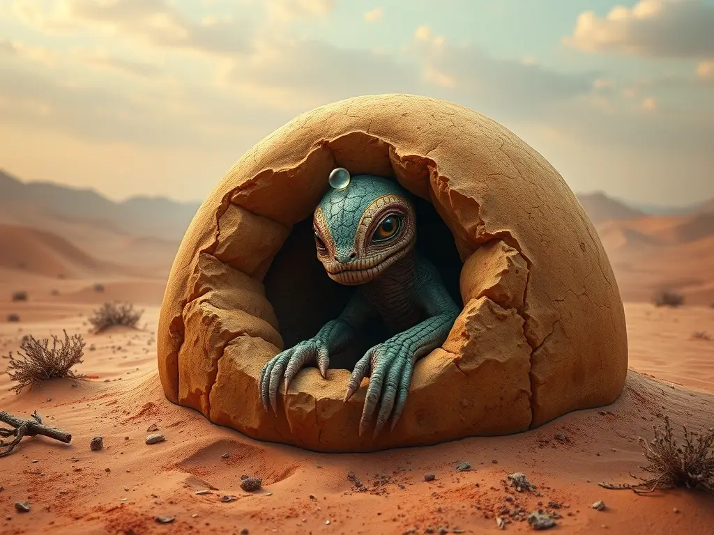 Una criatura surrealista emerge de un adobe en un desierto extraño, lleno de aromas y texturas