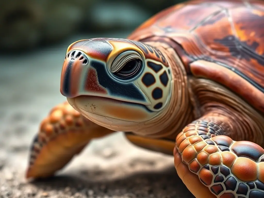 Fotografía realista de tortuga marina, con enfoque en su pico y hocico