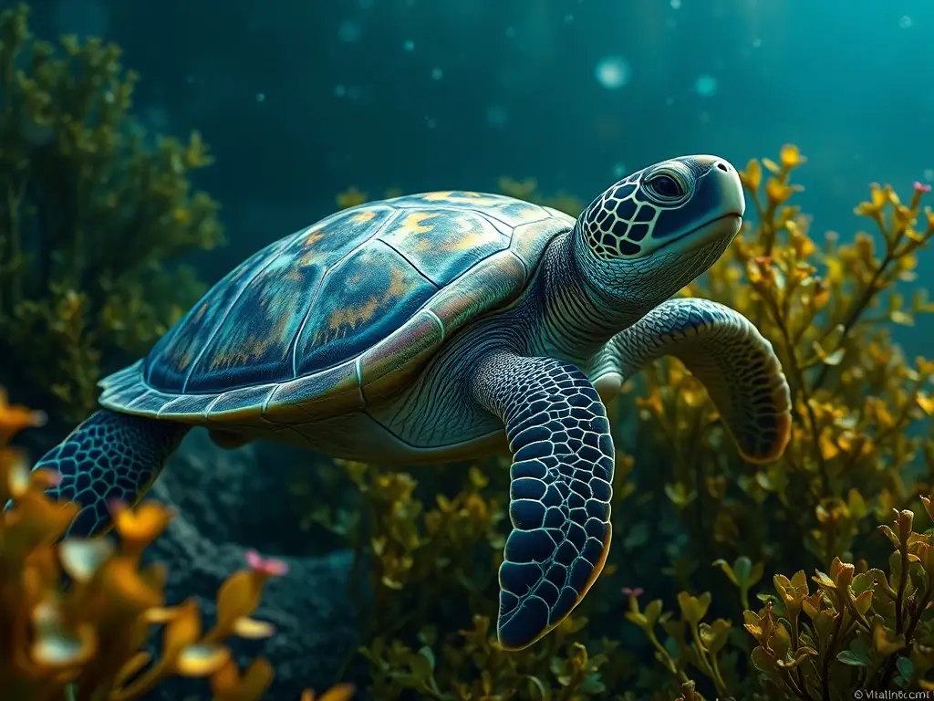 Fotografía realística de tortuga marina con detalles precisos y sin marca comercial