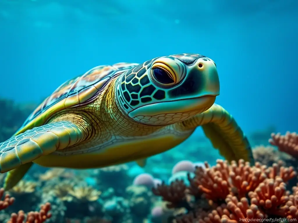 Fotografía realista y detallada de una tortuga marina verde y con crina