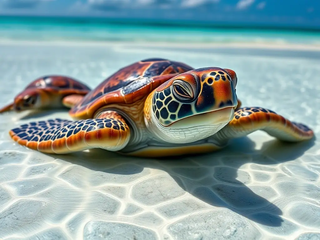 Portrait realístico de tortuga marina descansando en playa tropical