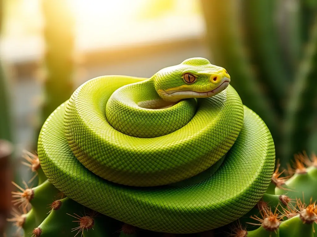 Fotorealista de un serpiente verde arborícola yacente en un cactus