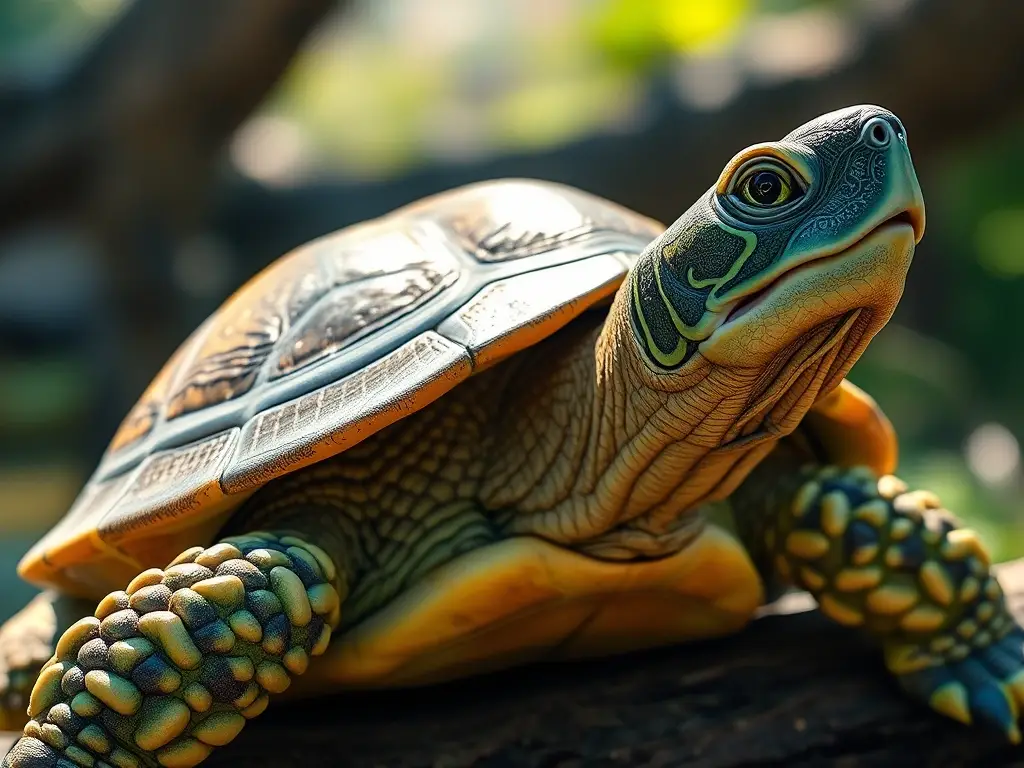 Foto realista de una tortuga verde en un árbol, sin artefactos