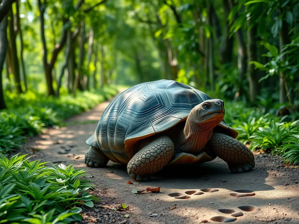 Un retrato realista de una tortuga galapagueña descansando bajo un camino frondoso