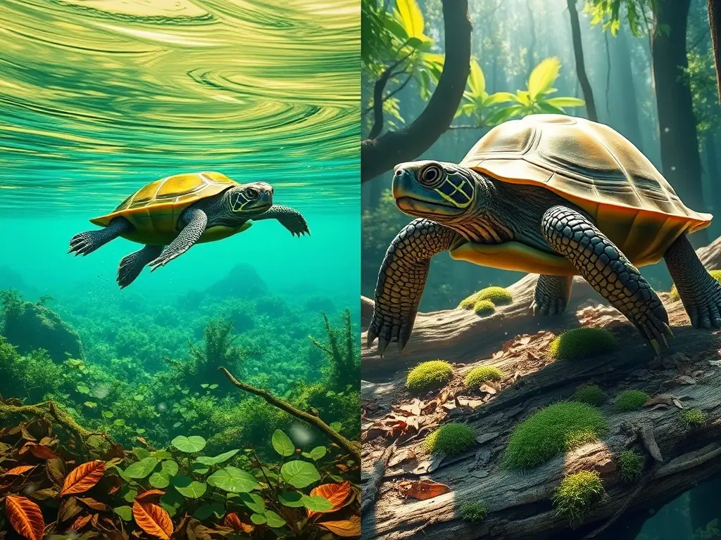 Tortugas contrastan en agua y bosque